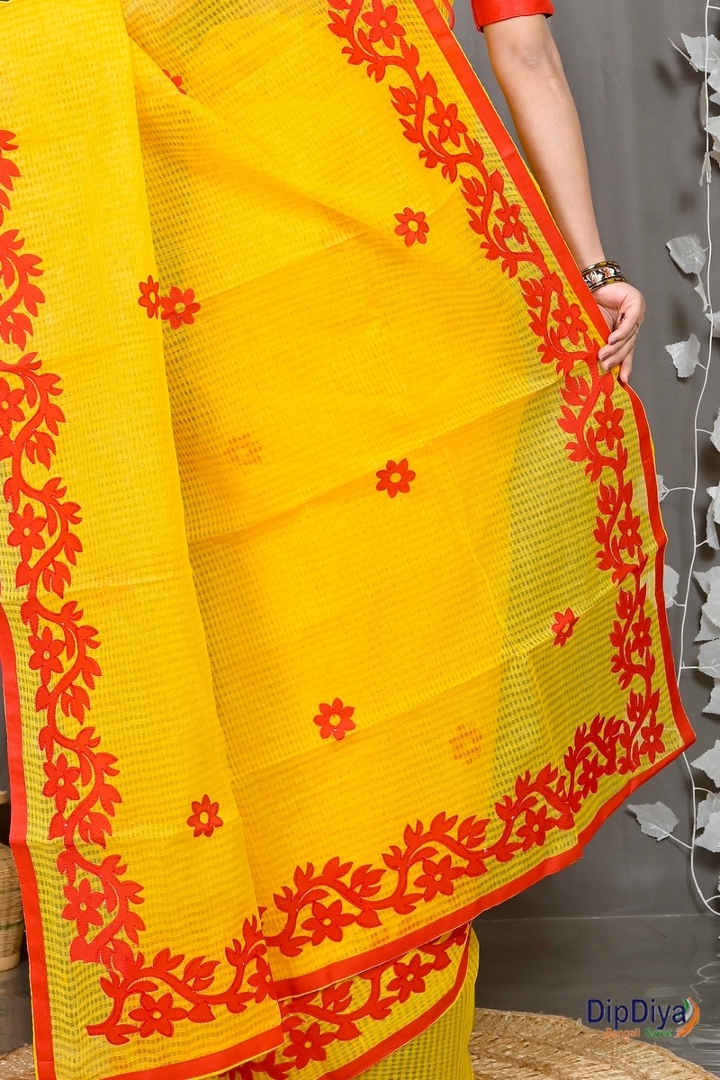 Yellow Red Kota Cotton Parvani Applique Saree (569)